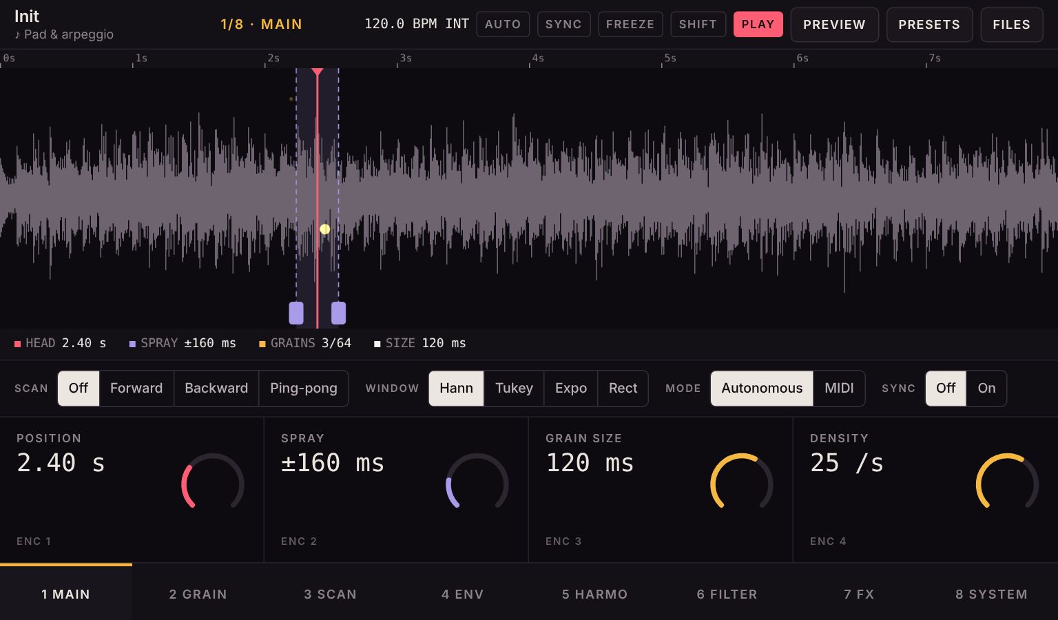 Grainwaver screen: a waveform with the grain cloud around the play head