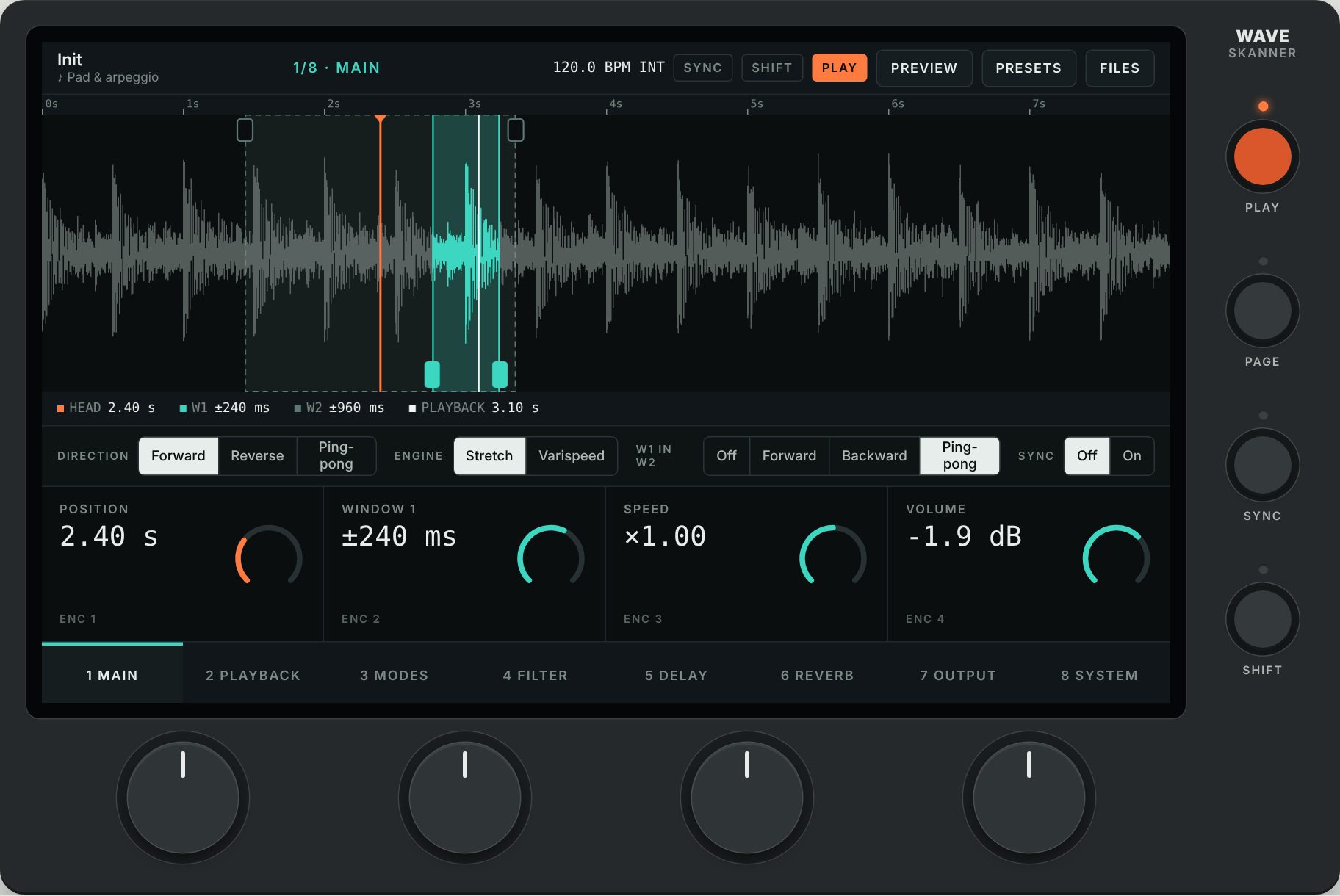 WaveSkanner: the screen, four encoders below it and four buttons on the right