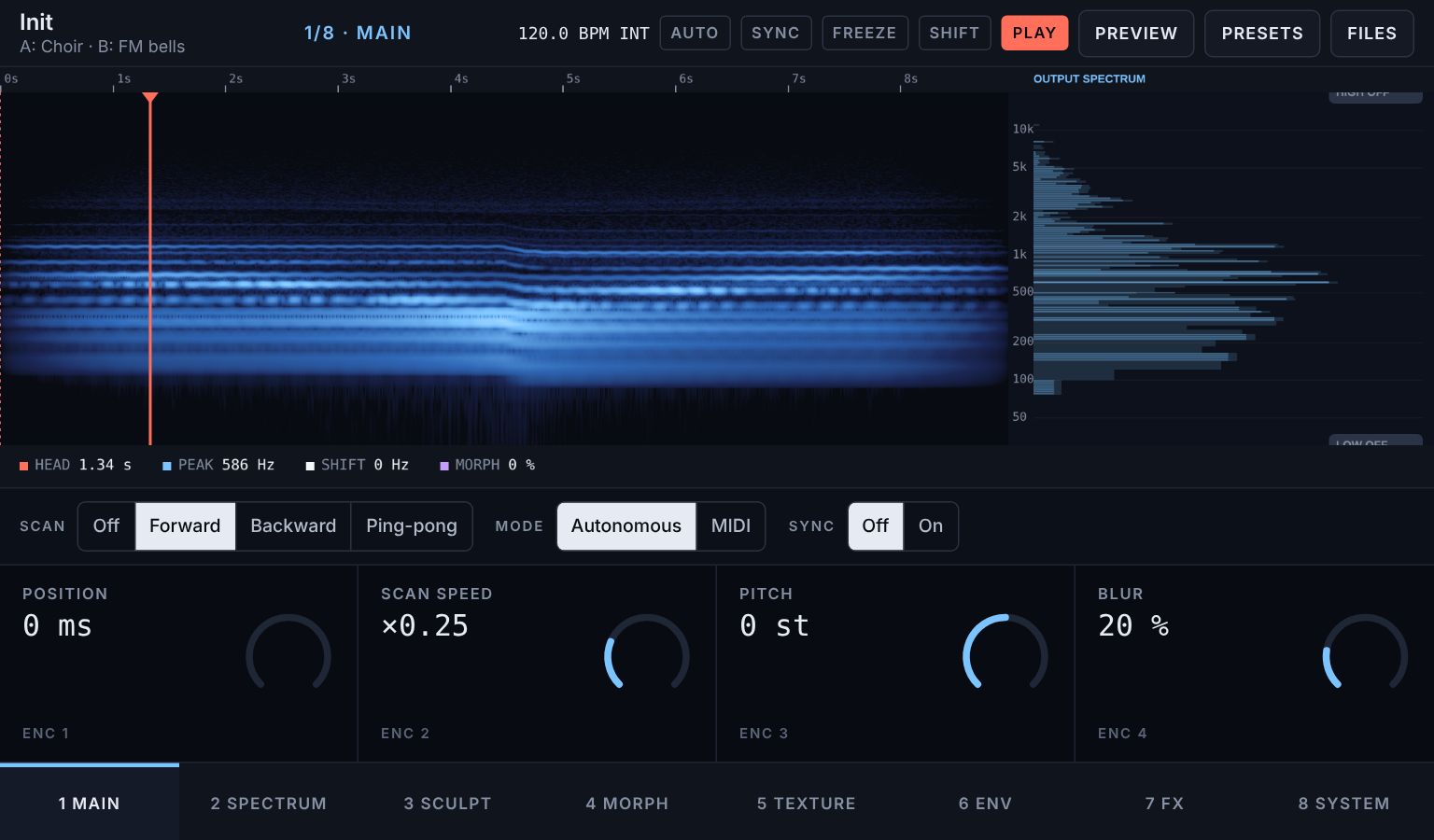 WaveSpectral screen: a blue spectrogram with the live output spectrum beside it